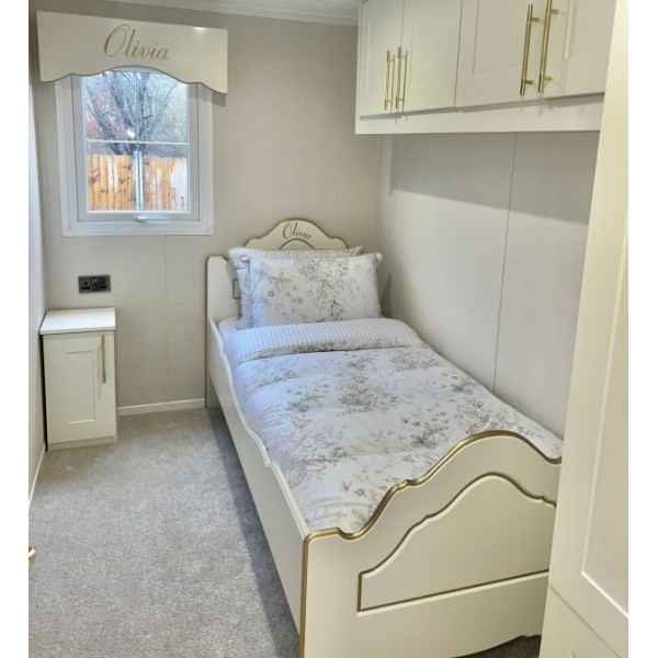 Single Childs Bed In Off White & Gold With Name