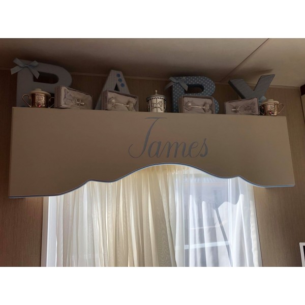 Simple Personalised Window Pelmet With Name And Shelf