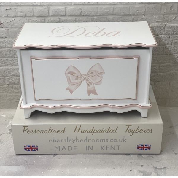 Hand Painted Magda Bow Toybox In Rose Pink And Gold Line Edging