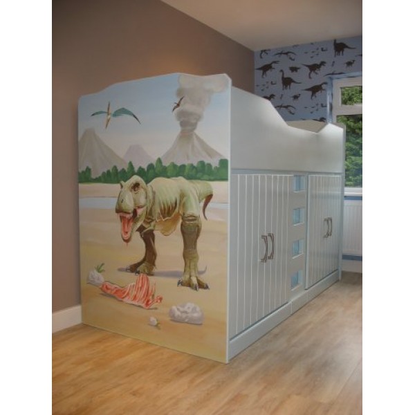 High Sleeper Cabin Bed Hand Painted Dinosaur Storage Bed