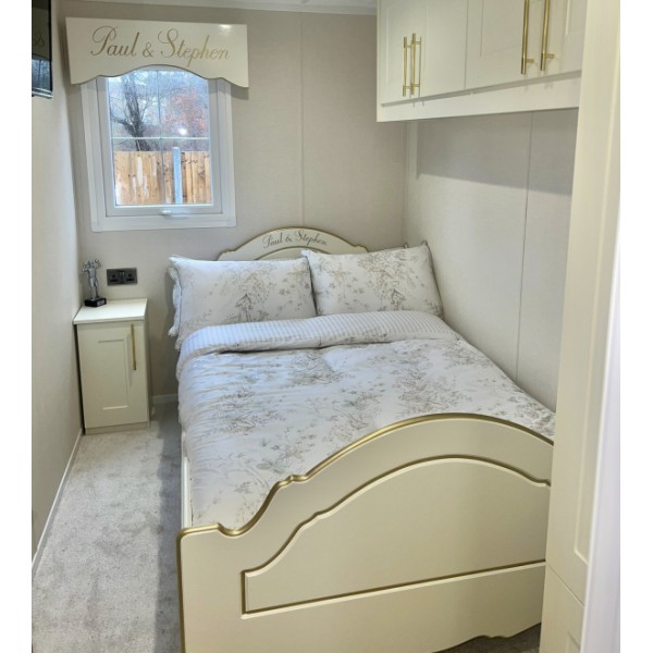 Small Double Bed With Gold Trim and Hand Painted Names