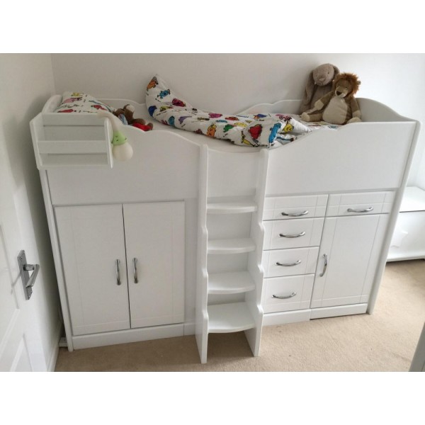 High Sleeper Cabin Bed with Graduated Ladder, Storage, Desk and Stool